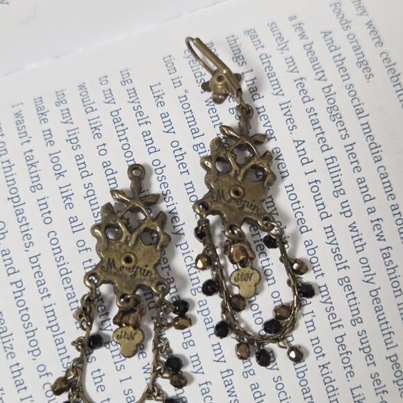 MICHAL NEGRIN Black Flower Earrings Chandelier AS IS - Picture 2 of 2